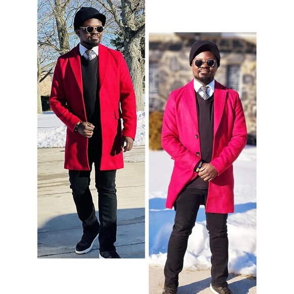 Mens Wine red Wool Blend Trench Coat Notch Lapel Camel Peacoats Winter Overcoat - Picture 5 of 8